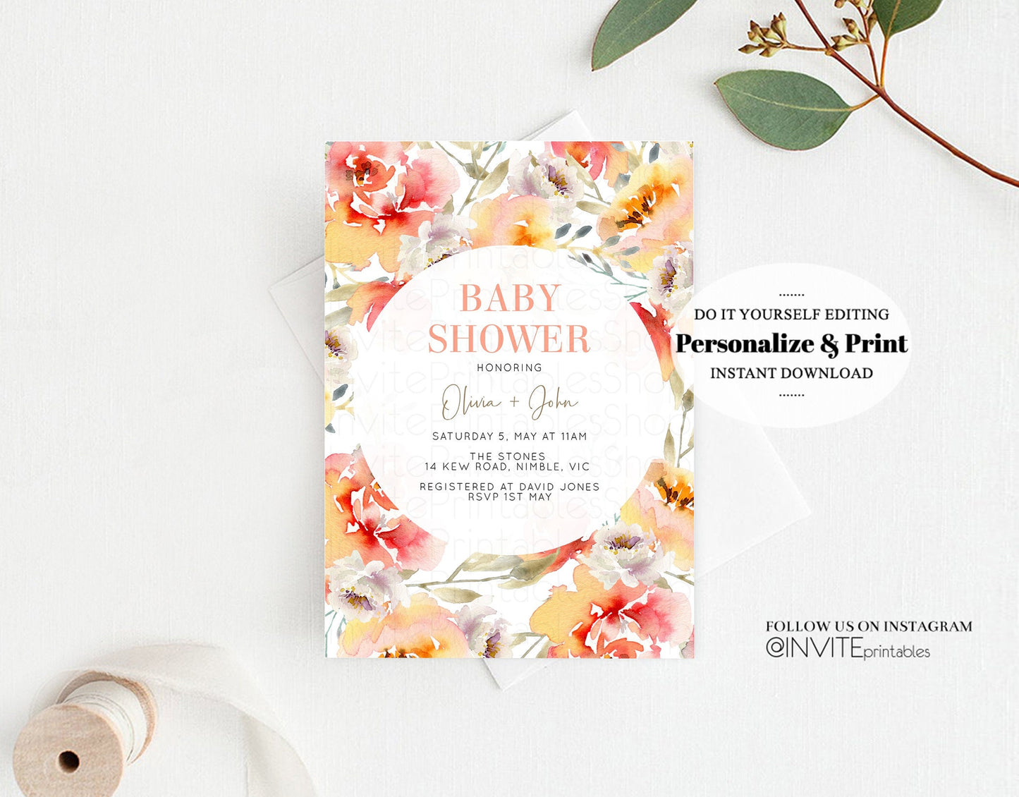 Floral Baby Shower Invitation Watercolor Pink Orange Pink Red Boho Flowers Gender Neutral Spring Summer Modern Editable Invite Template 227