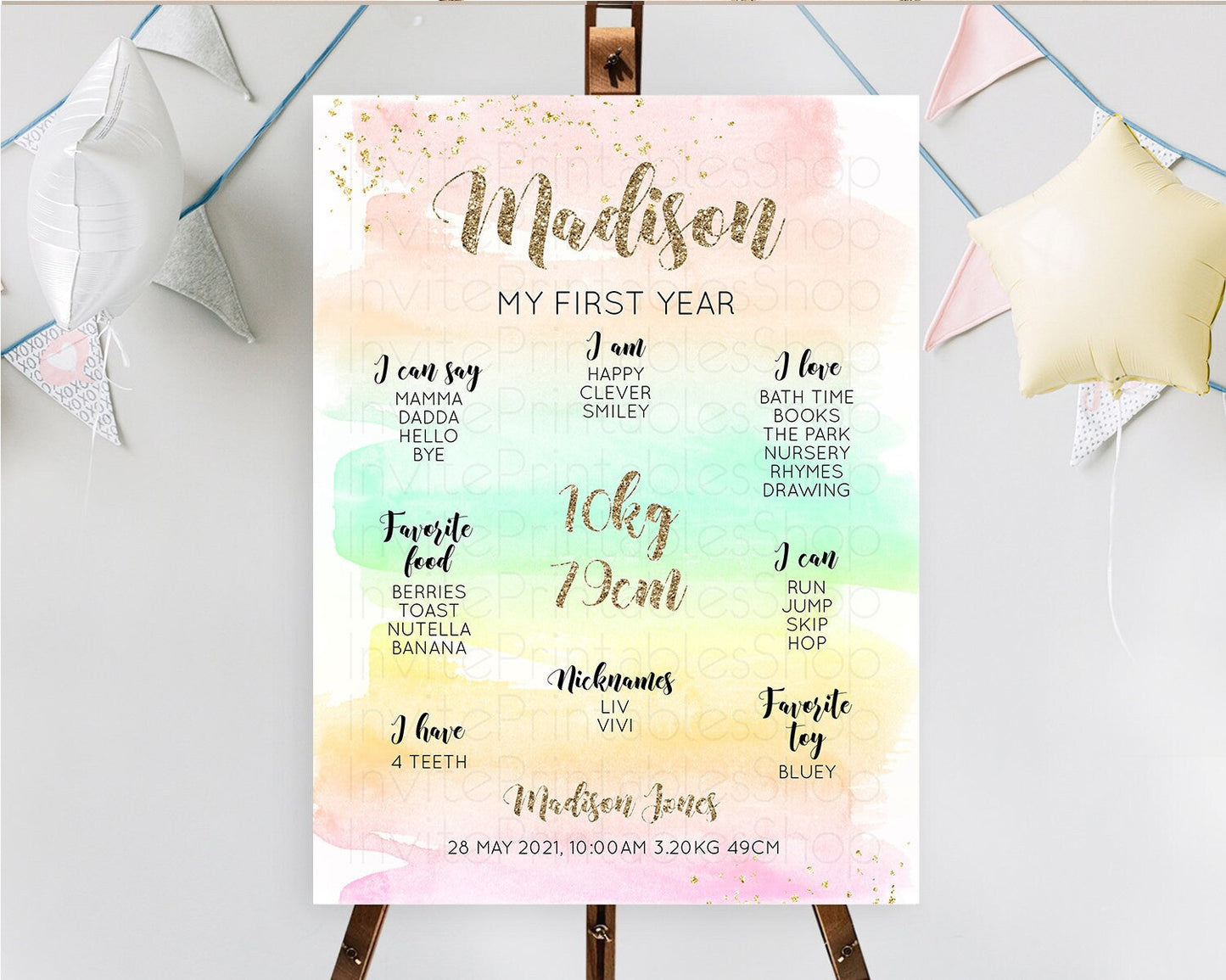 Pastel First Birthday Milestone Board Pastel Rainbow Milestone Poster Colorful Confetti Watercolor Glitter 1st Birthday Welcome Sign D10592