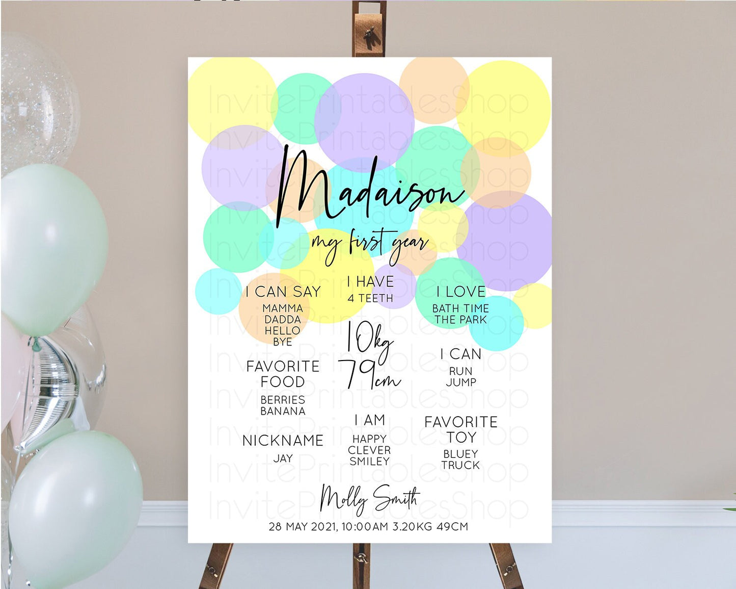 Pastel First Birthday Milestone Poster Pastel Rainbow Confetti First Birthday Milestone Board Colorful Bubbles Birthday Welcome Sign D10415