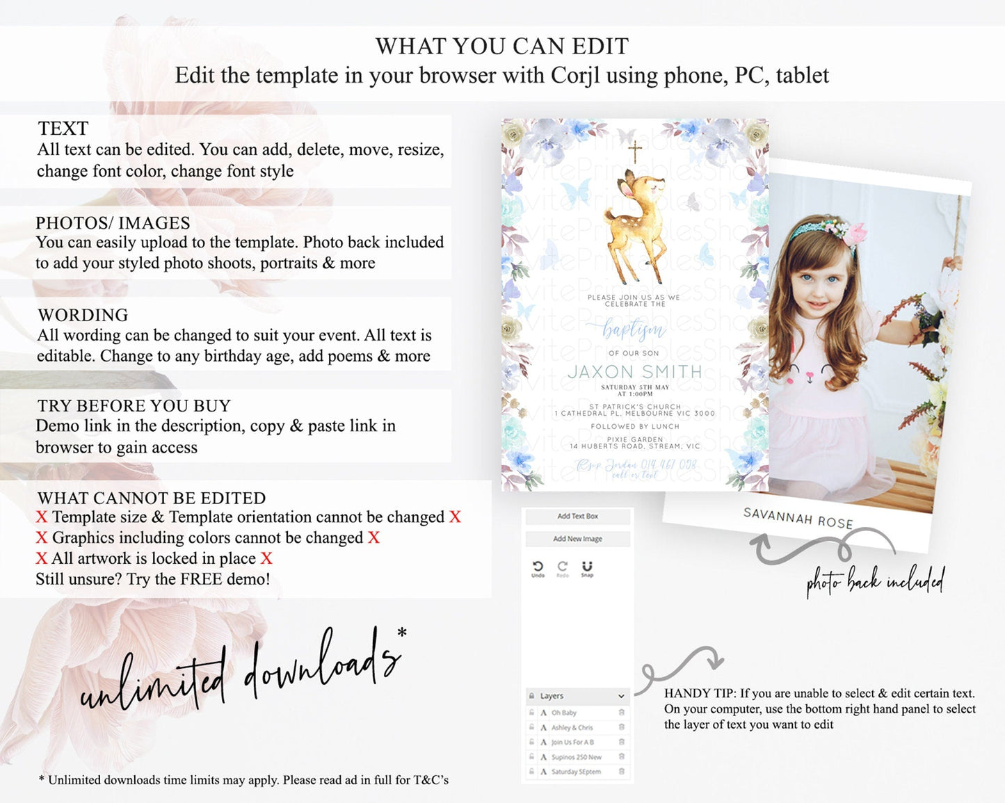 Fawn Baptism Invitation Deer Baptism 1st Birthday Invitation Enchanted Forest Christening Invitation Pastel Garden Butterfly Floral D10960