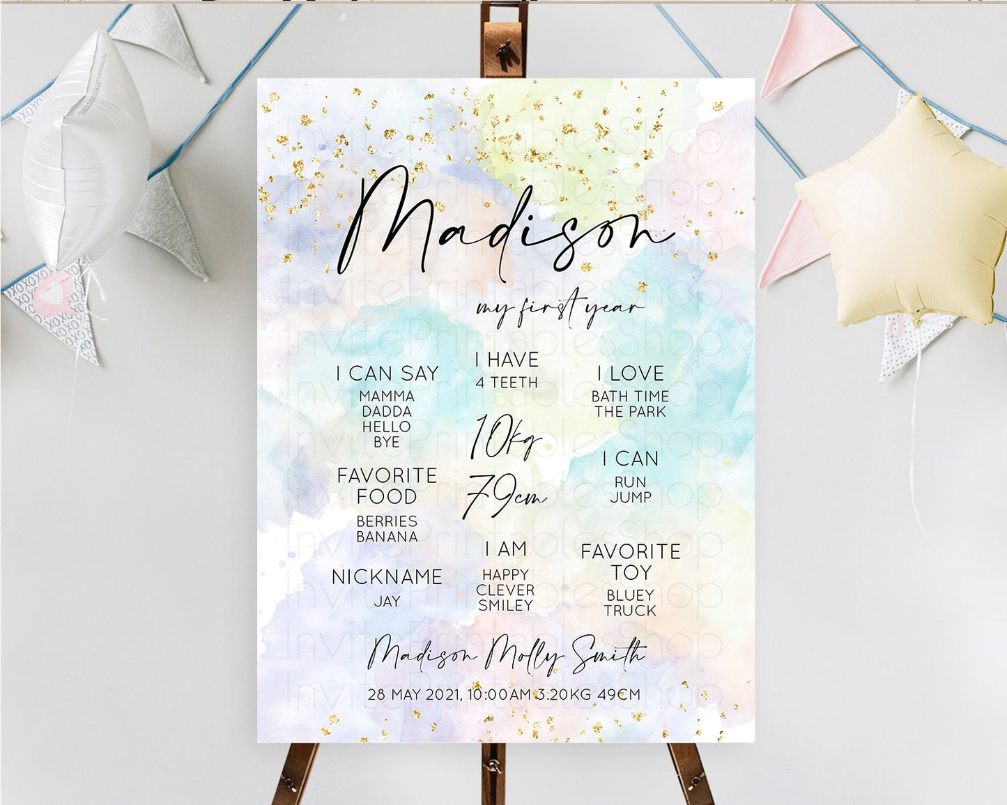 Pastel First Birthday Milestone Board Pastel Rainbow Milestone Poster Colorful Confetti Watercolor Glitter 1st Birthday Welcome Sign D10613