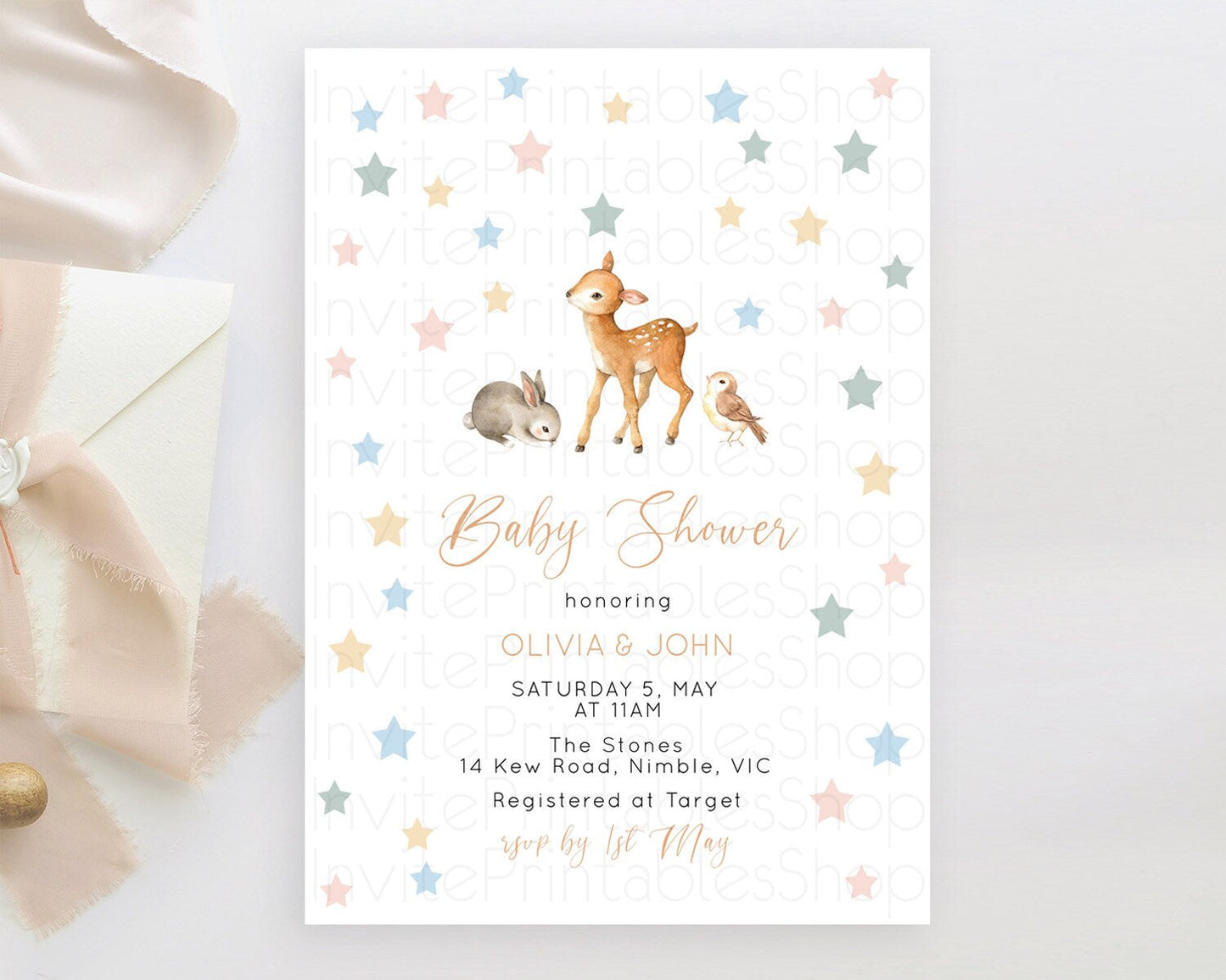 Fawn Baby Shower Invitation, : Baby Deer, Bunny, and Forest Animals with Pastel Blue Green Confetti Stars - Whimsical Woodland Theme D10918