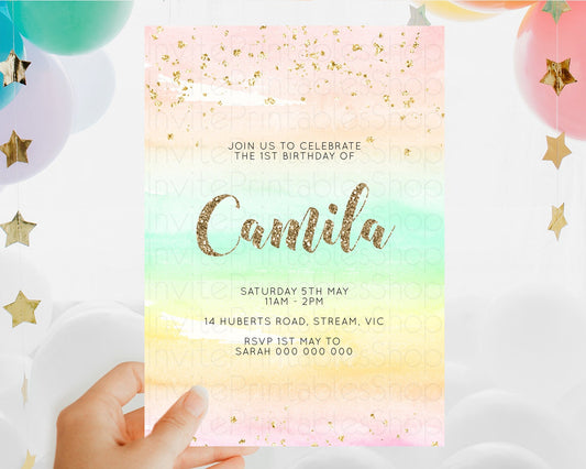 Editable Rainbow Birthday Invitation Colorful Pastel Watercolor Invitation G