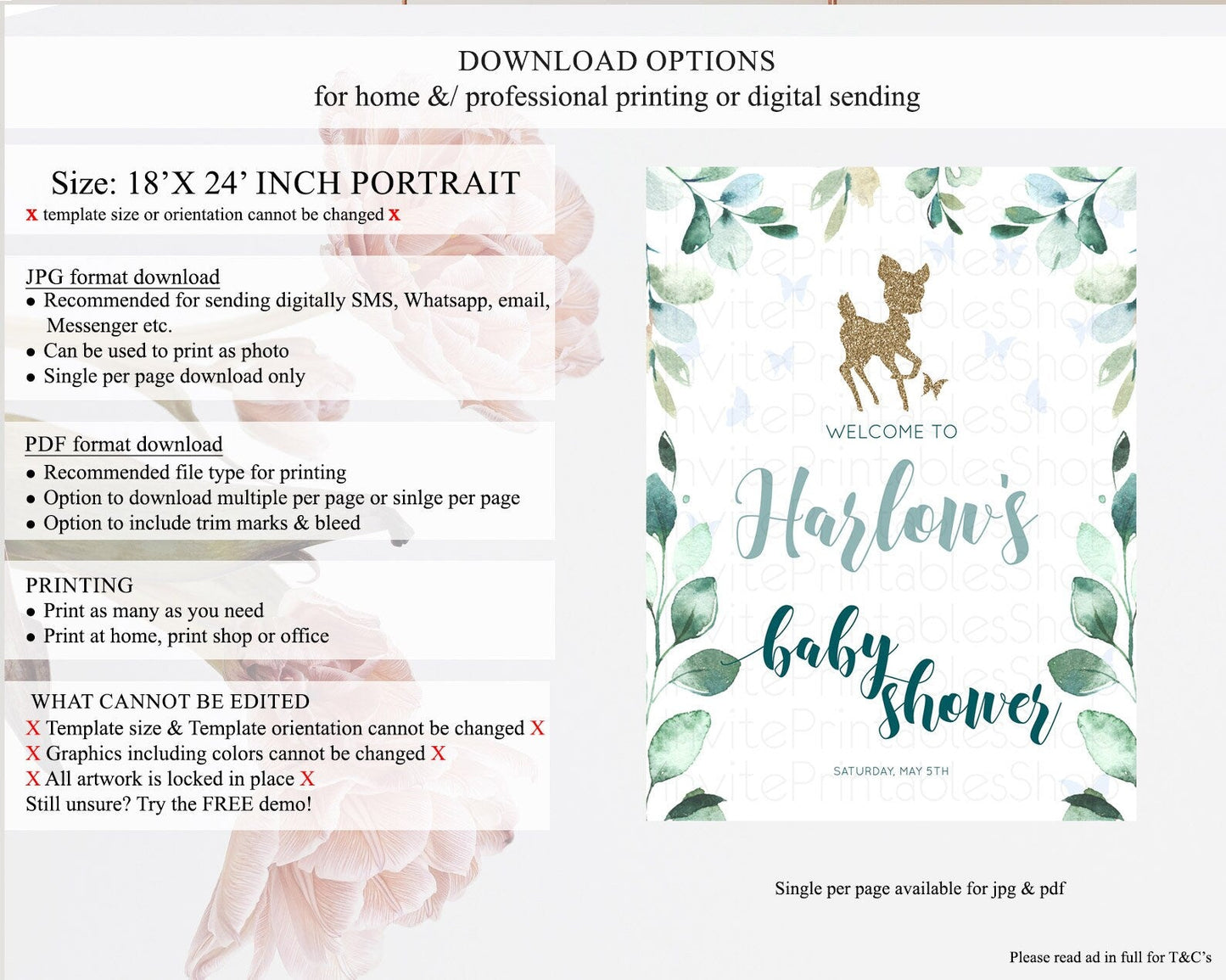 Fawn Baby Shower Welcome Sign Deer Welcome Board Floral Deer Welcome Poster Enchanted Forest Butterfly Pastel Floral Welcome Sign D10882