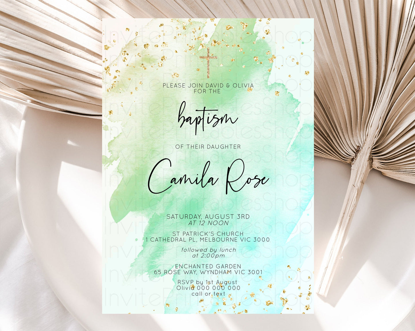 Green Baptism Invitation green Watercolor Baptism 1st Birthday Invitation Pastel Green Watercolor Christening Invite Green Splash D10170