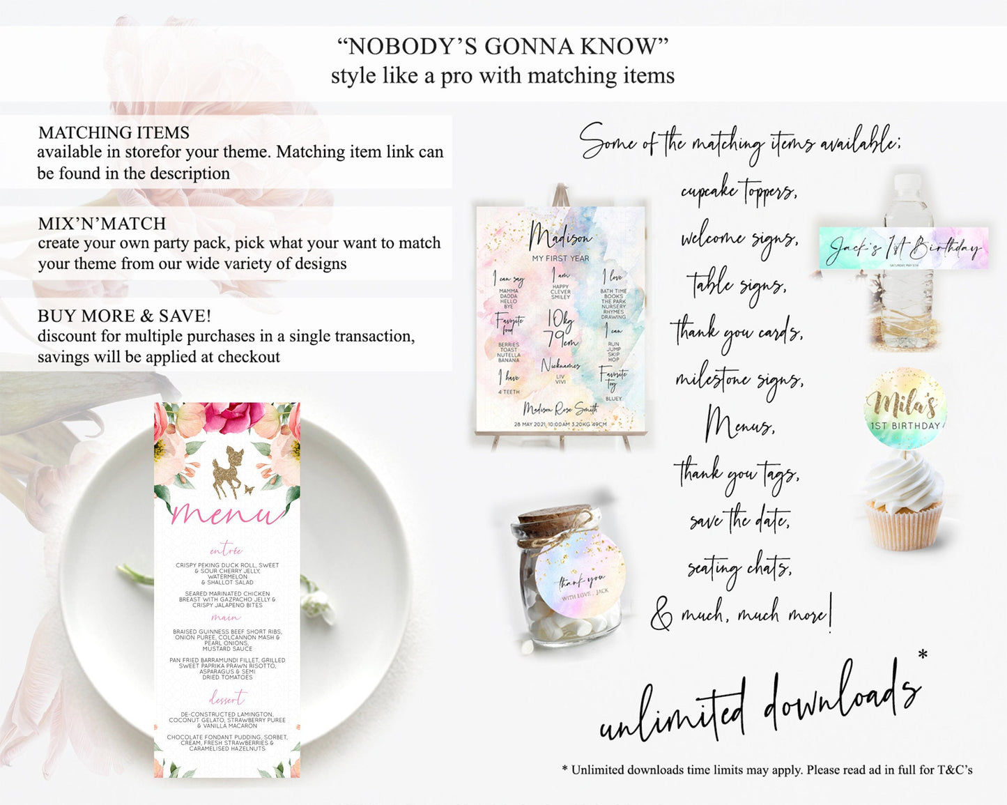 Fawn Menu Deer Menu Template Pastel Floral Deer Table Decor Enchanted Forest Butterfly Floral Dinner Dessert Menu Party Food Menu D10326