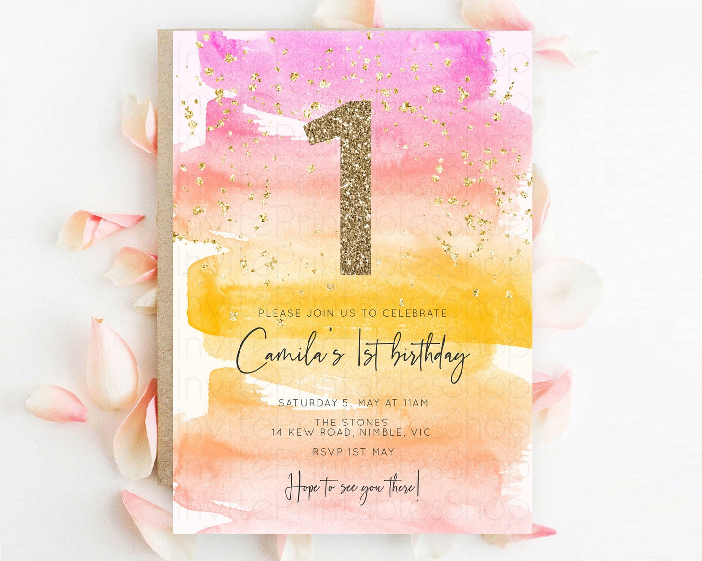 Rainbow Birthday Invitation Colorful Pastel Watercolor Invitation Gold Glitter Sprinkles Ombre Pastel 1st 2nd 3rd Birthday D10520