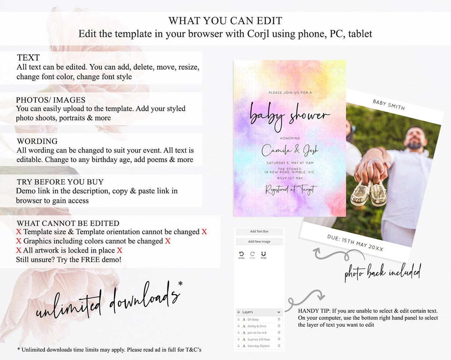 Pastel Baby Shower Invitation Rainbow Baby Shower Invitation Colorful Pastel Watercolor Invitation Gold Glitter Sprinkles Ombre D10438