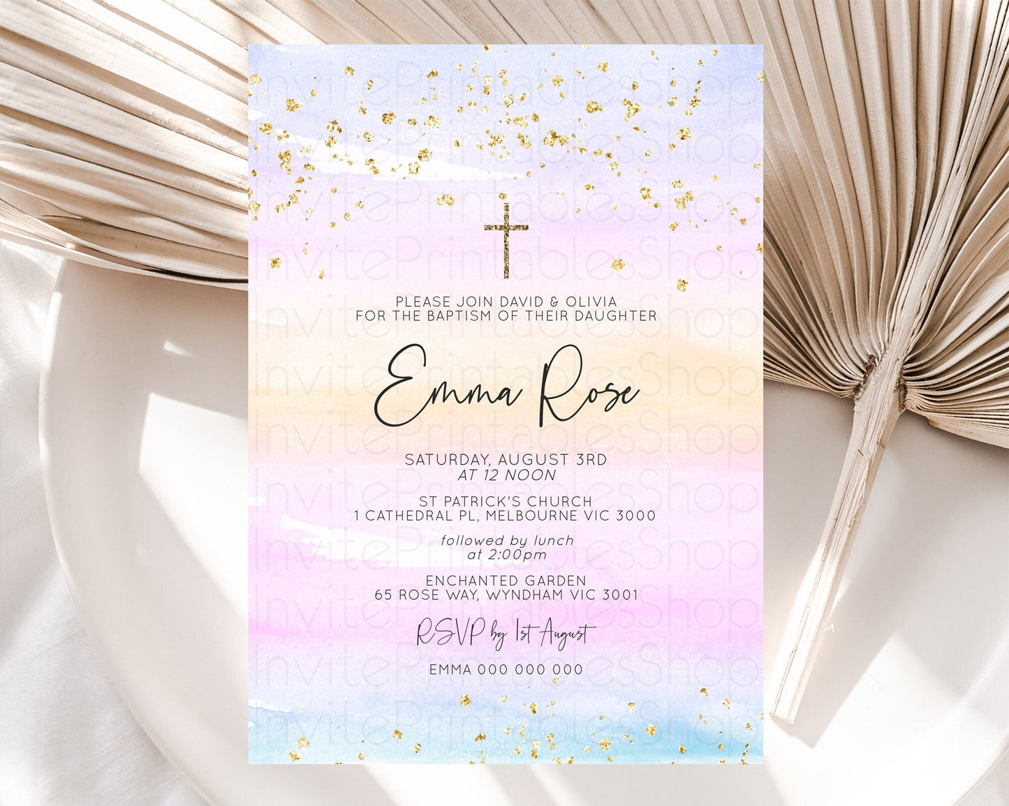 Pastel Baptism Invitation Pastel Colors Watercolor Baptism 1st Birthday Party Gold Ombre Pastel Rainbow Christening Holy Communion D10594