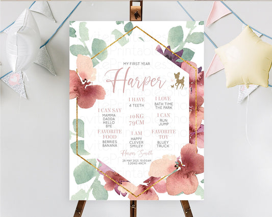 Fawn First Birthday Milestone Board Deer First Birthday Milestone Poster Enchanted Forest Butterfly Pastel Flowers 1st Birthday Sign D10459