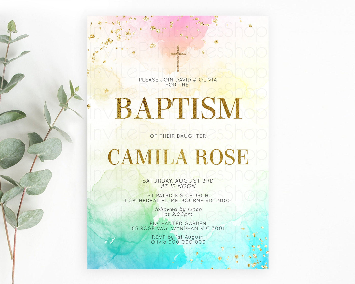 Pastel Baptism Invitation Pastel Colors Watercolor Baptism 1st Birthday Party Gold Ombre Pastel Rainbow Christening Holy Communion D10770