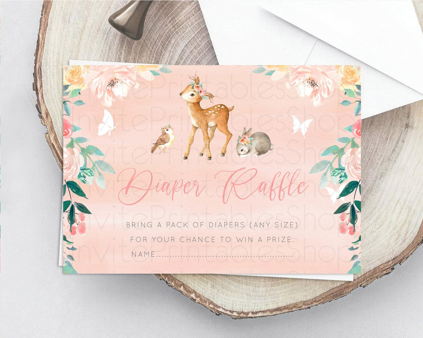 Fawn Diaper Raffle Card Deer Diaper Insert Floral Deer Diaper Ticket Enchanted Forest Butterfly Pastel Baby Shower Raffle Game D10921