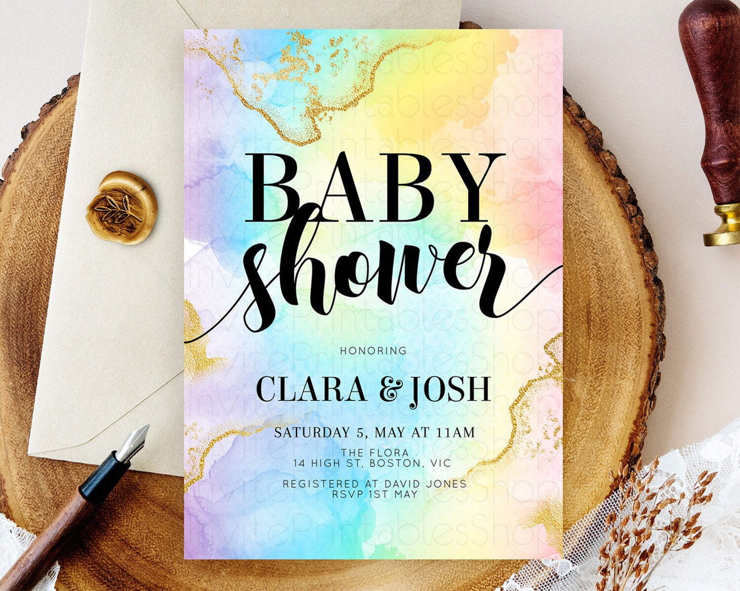 Pastel Baby Shower Invitation Rainbow Baby Shower Invitation Colorful Pastel Watercolor Invitation Gold Glitter Sprinkles Ombre D10589