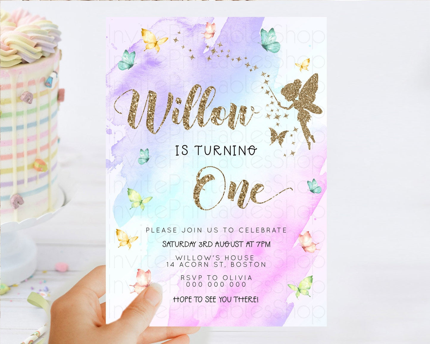 Pastel Fairy Birthday Invitation Pastel Butterflies Fairy Birthday Invitation Rainbow Ombre Watercolor 1st 2nd Birthday Invitation D23330