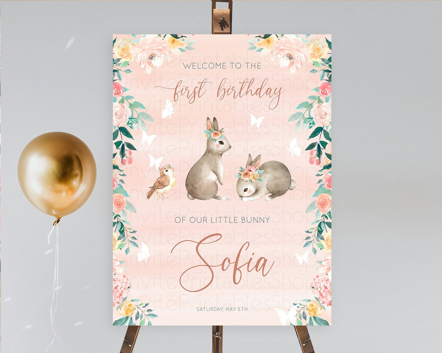 Bunny Welcome Sign Floral Bunny Welcome Board Pastel Flowers Woodland Bunny Welcome Poster Forest Bunny First Birthday Welcome Sign D10922