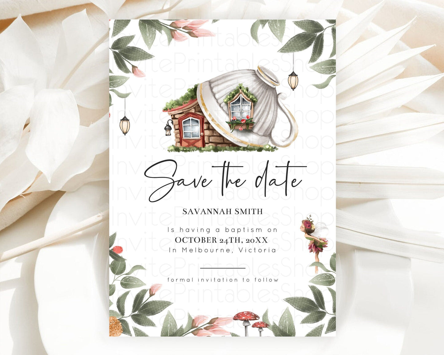 Fairy Save The Date Template Enchanted Garden Pastel Floral Butterfly Party Secret Garden Birthday Baptism Baby Shower Bridal Shower D10851