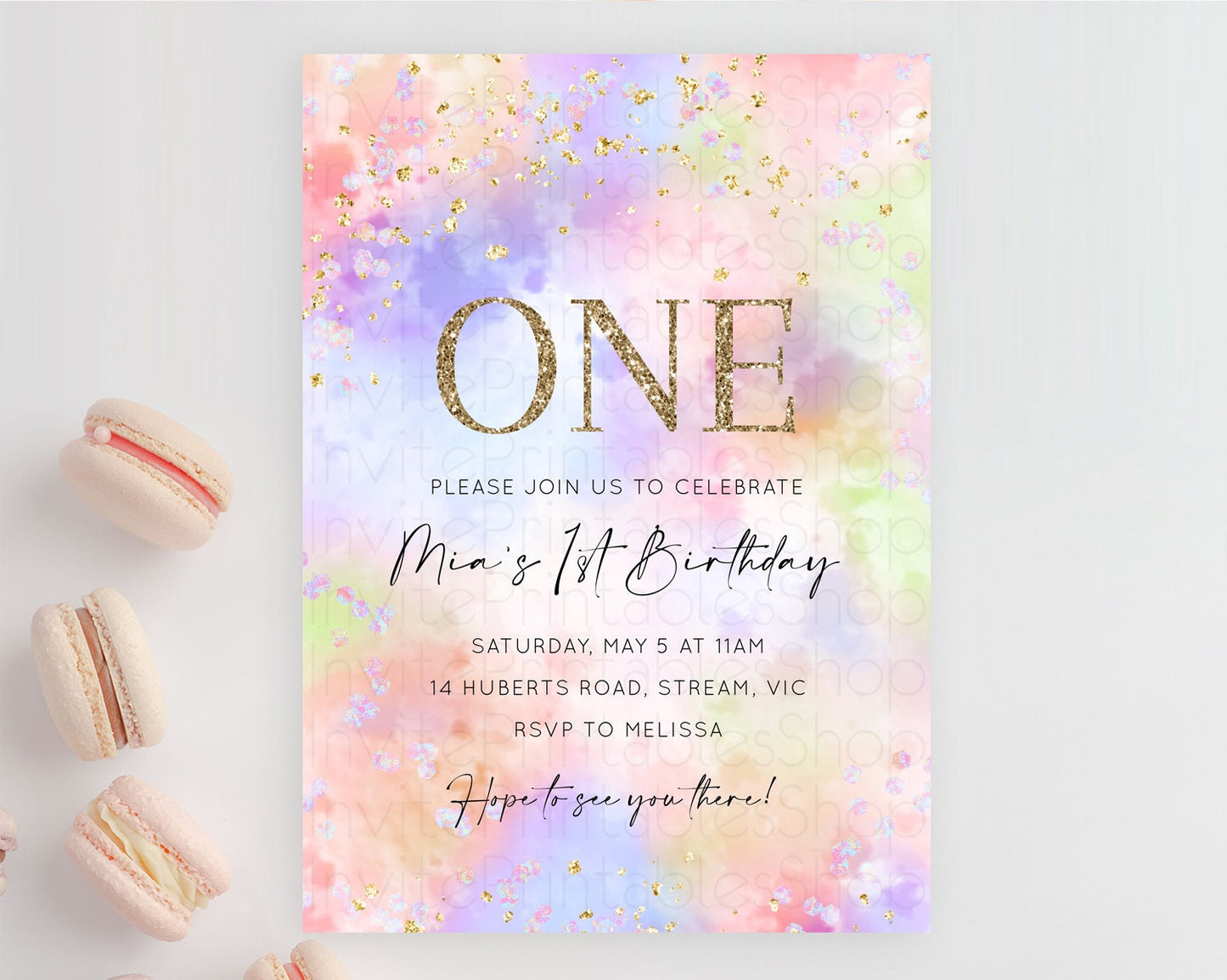 Rainbow Birthday Invitation Colorful Pastel Watercolor Invitation Gold Glitter Sprinkles Ombre Pastel 1st 2nd 3rd Birthday D10610