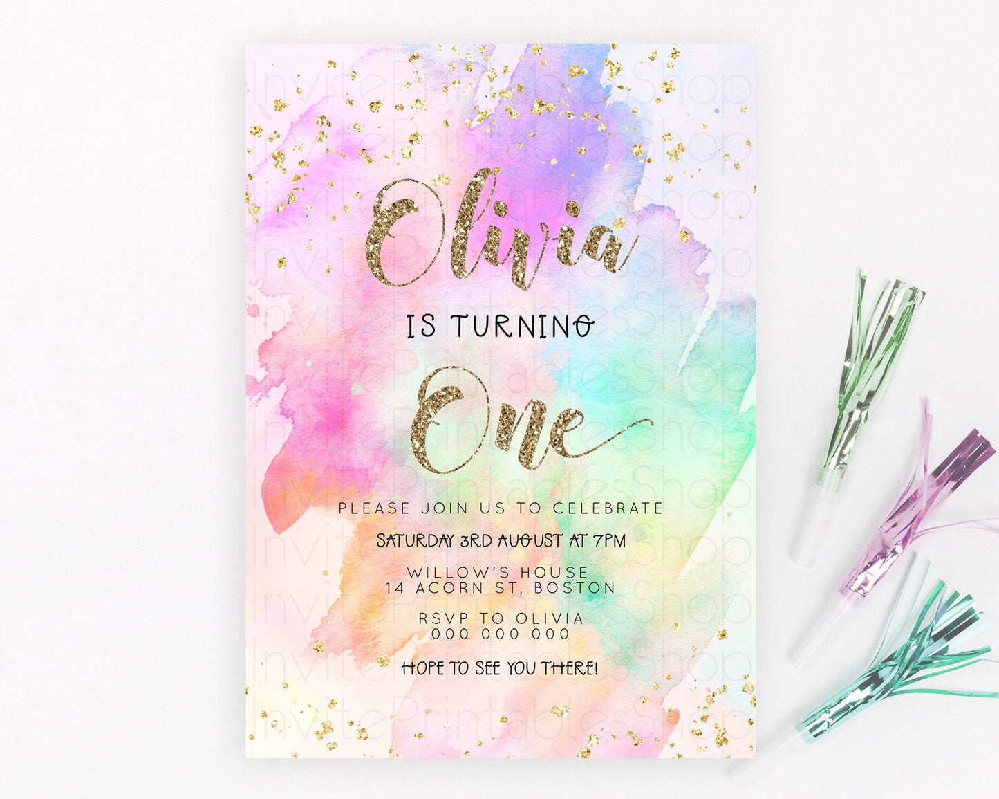 Rainbow Birthday Invitation Colorful Pastel Watercolor Invitation Gold Glitter Sprinkles Ombre Pastel 1st 2nd 3rd Birthday D23290