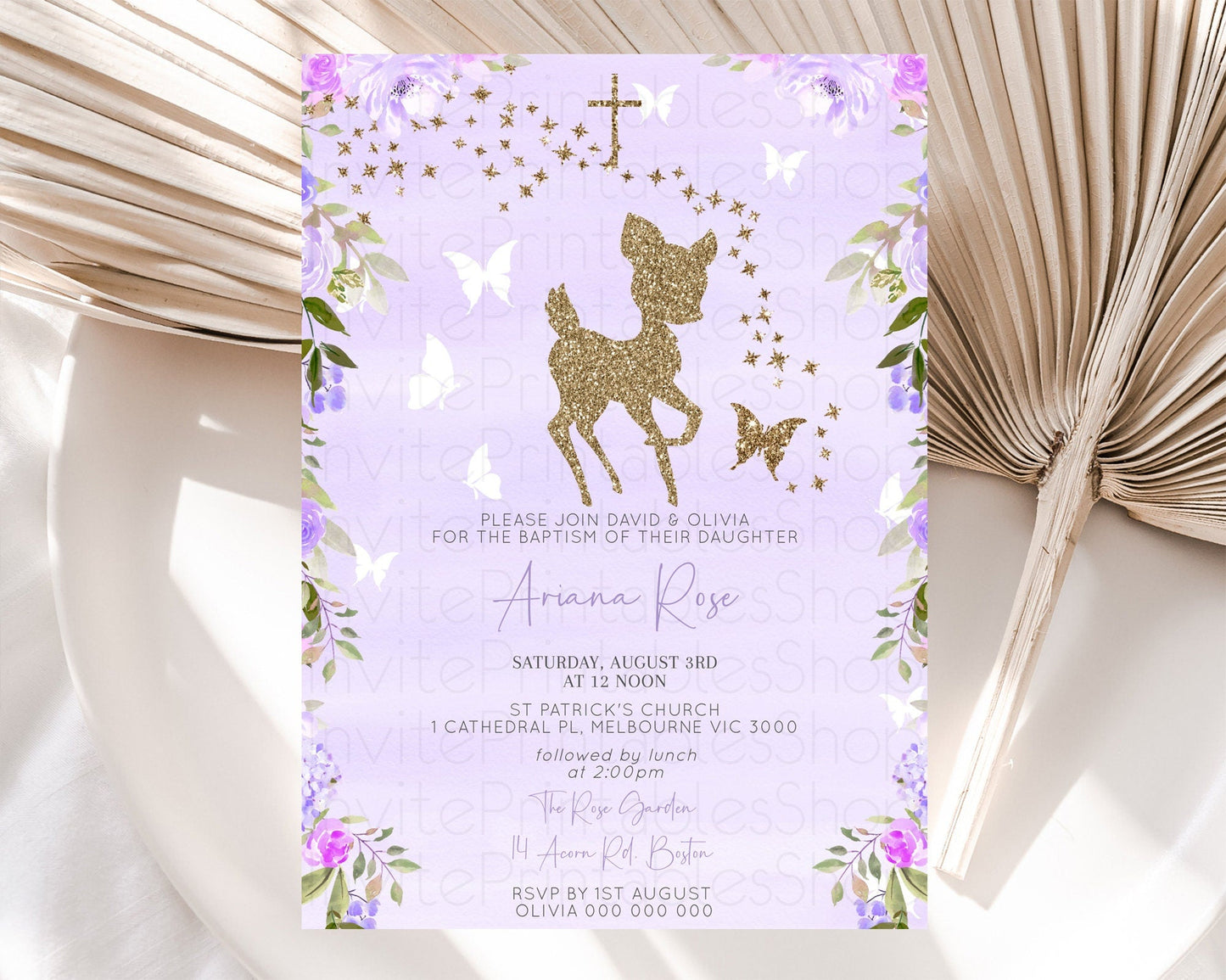 Fawn Baptism Invitation Deer Baptism 1st Birthday Invitation Enchanted Forest Christening Invitation Pastel Garden Butterfly Floral D10963