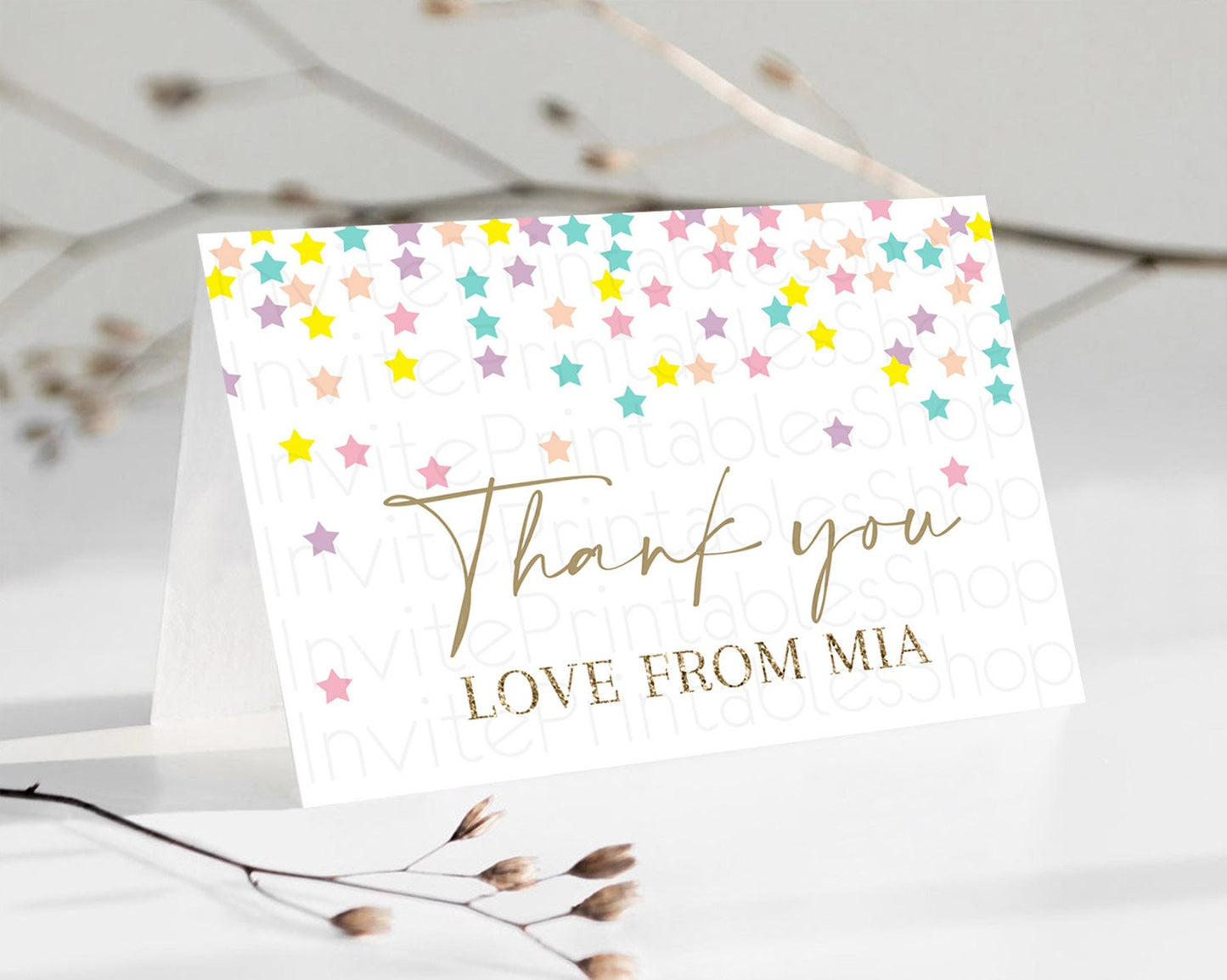 Star Thank You Card Pastel Stars Thank You Shooting Star Rainbow Colorful Confetti Twinkle Little Star Birthday Teacher Thank You D10601