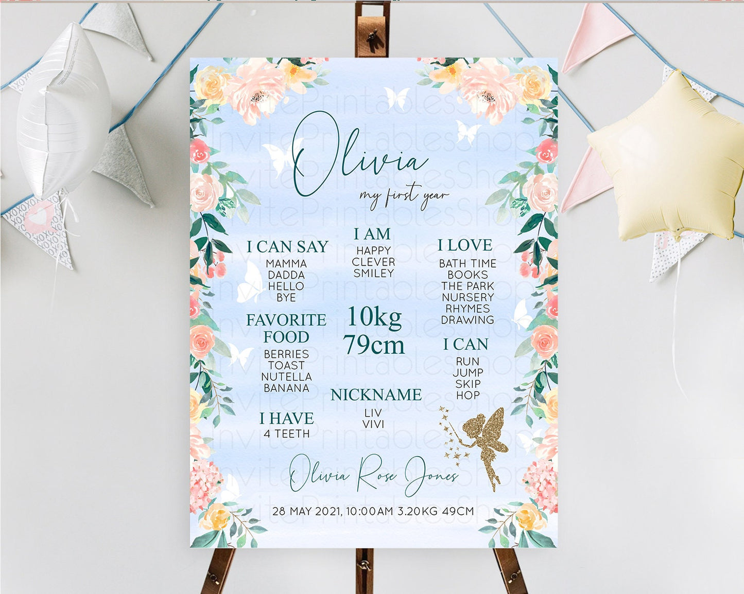 Fairy First Birthday Milestone Poster Fairy Secret Garden Milestone Board Enchanted Garden Pastel Floral Butterfly 1st Birthday Sign D10794