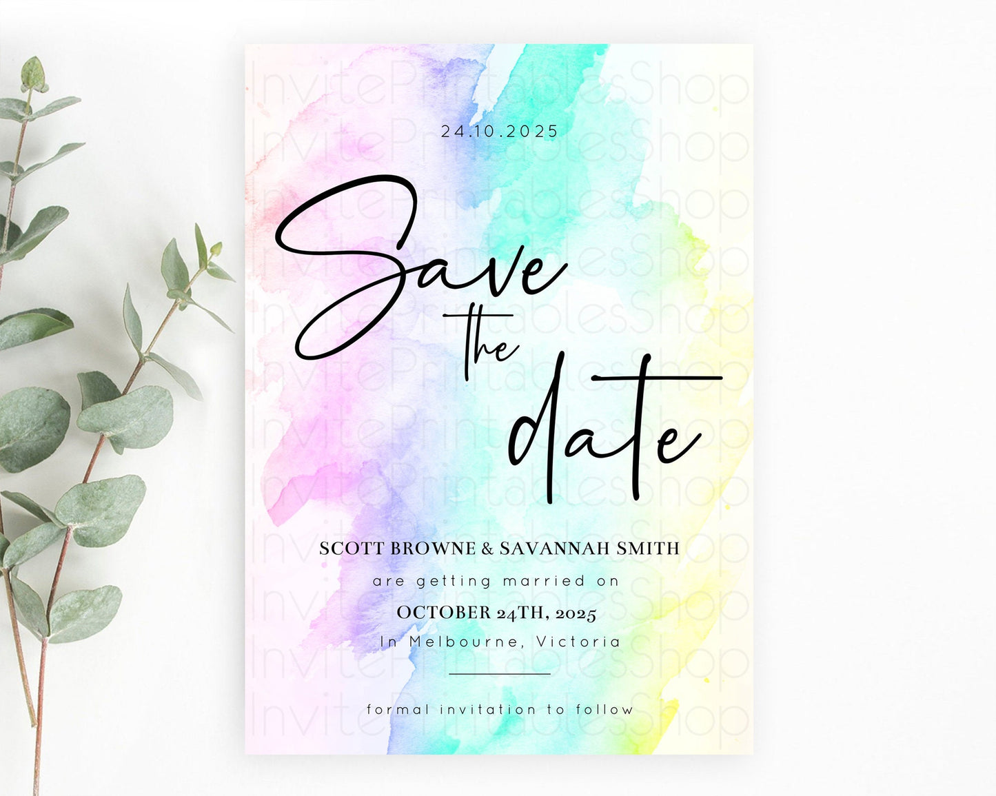 Pastel Save The Date Template Pastel Ombre Rainbow Watercolor Colorful Party For Birthday Baptism Baby Shower Wedding Bridal Shower D10231