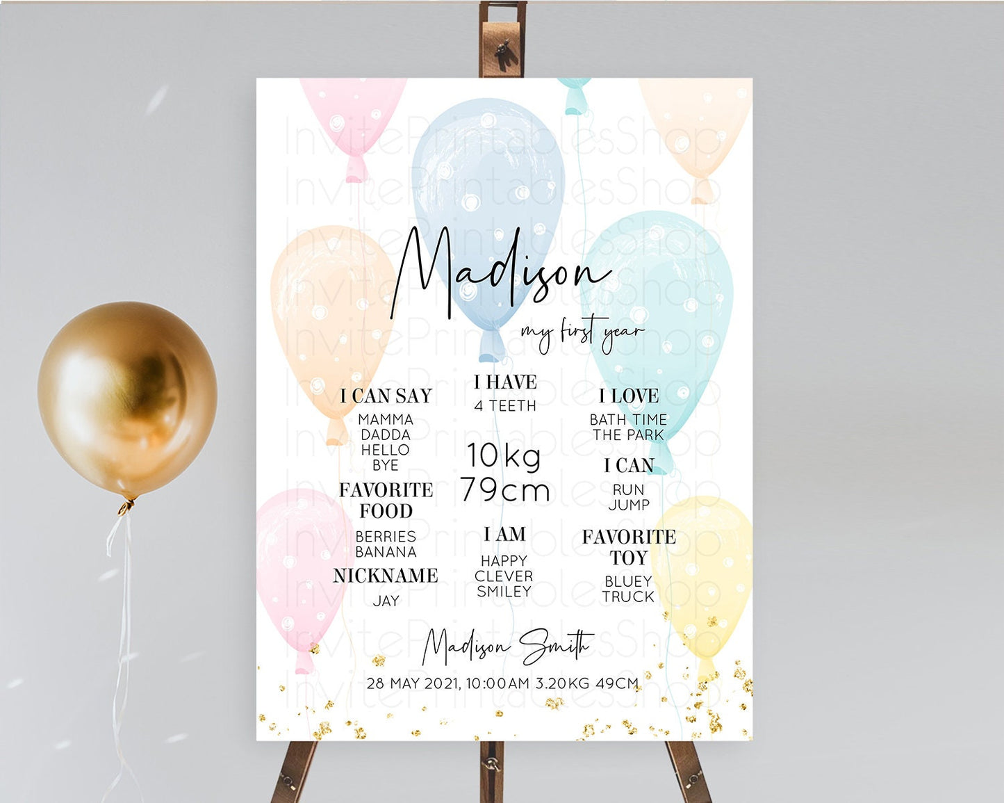 Pastel Balloons First Birthday Milestone Board Colorful Balloon Milestone Poster Rainbow Balloon Confetti 1st Birthday Welcome Sign D10776