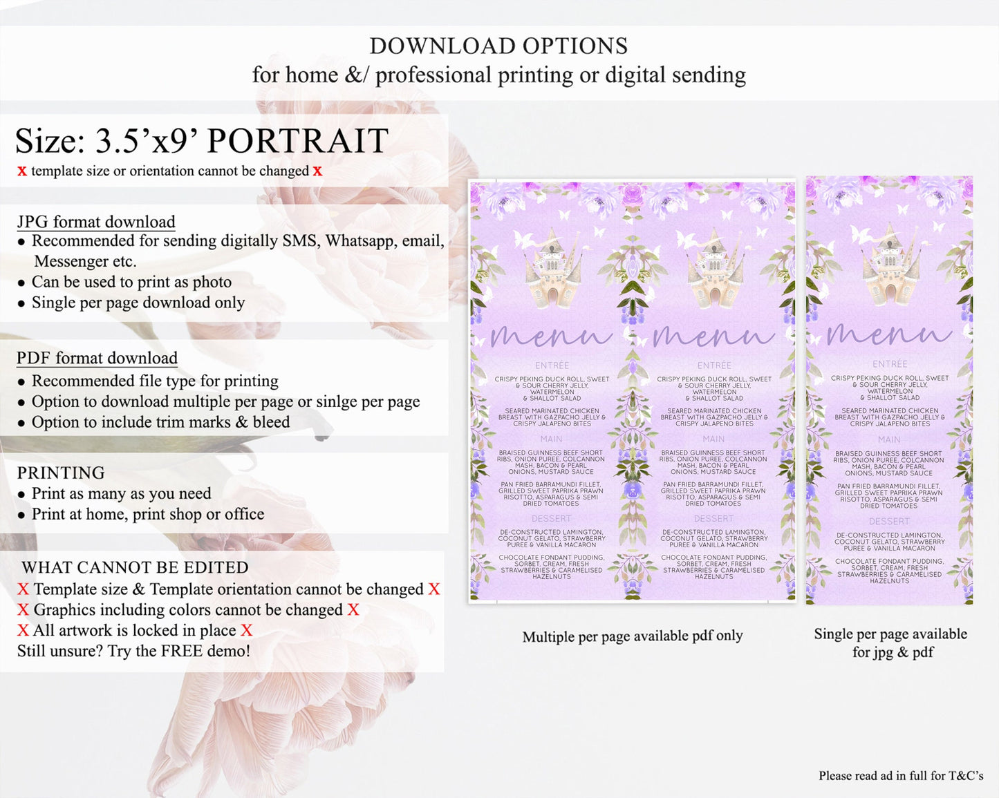 Princess Menu Castle Menu Template Secret Garden Table Decor Enchanted Castle Pastel Floral Dinner Dessert Menu Princess Food Menu D10339