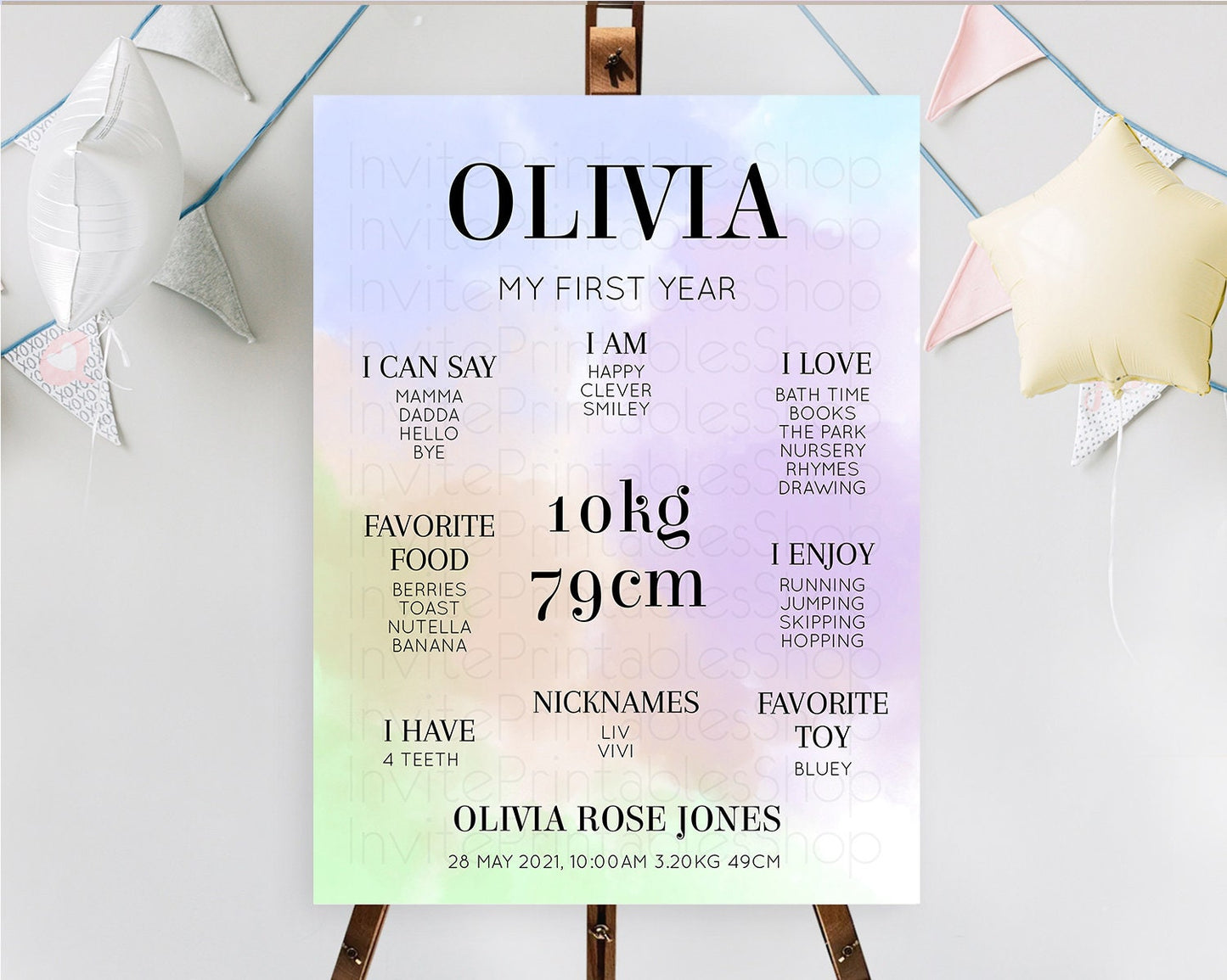 Pastel First Birthday Milestone Board Pastel Rainbow Milestone Poster Colorful Confetti Watercolor Glitter 1st Birthday Welcome Sign D10371