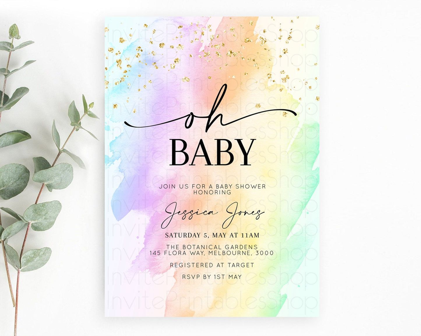 Pastel Baby Shower Invitation Rainbow Baby Shower Invitation Colorful Pastel Watercolor Invitation Gold Glitter Sprinkles Ombre D10645