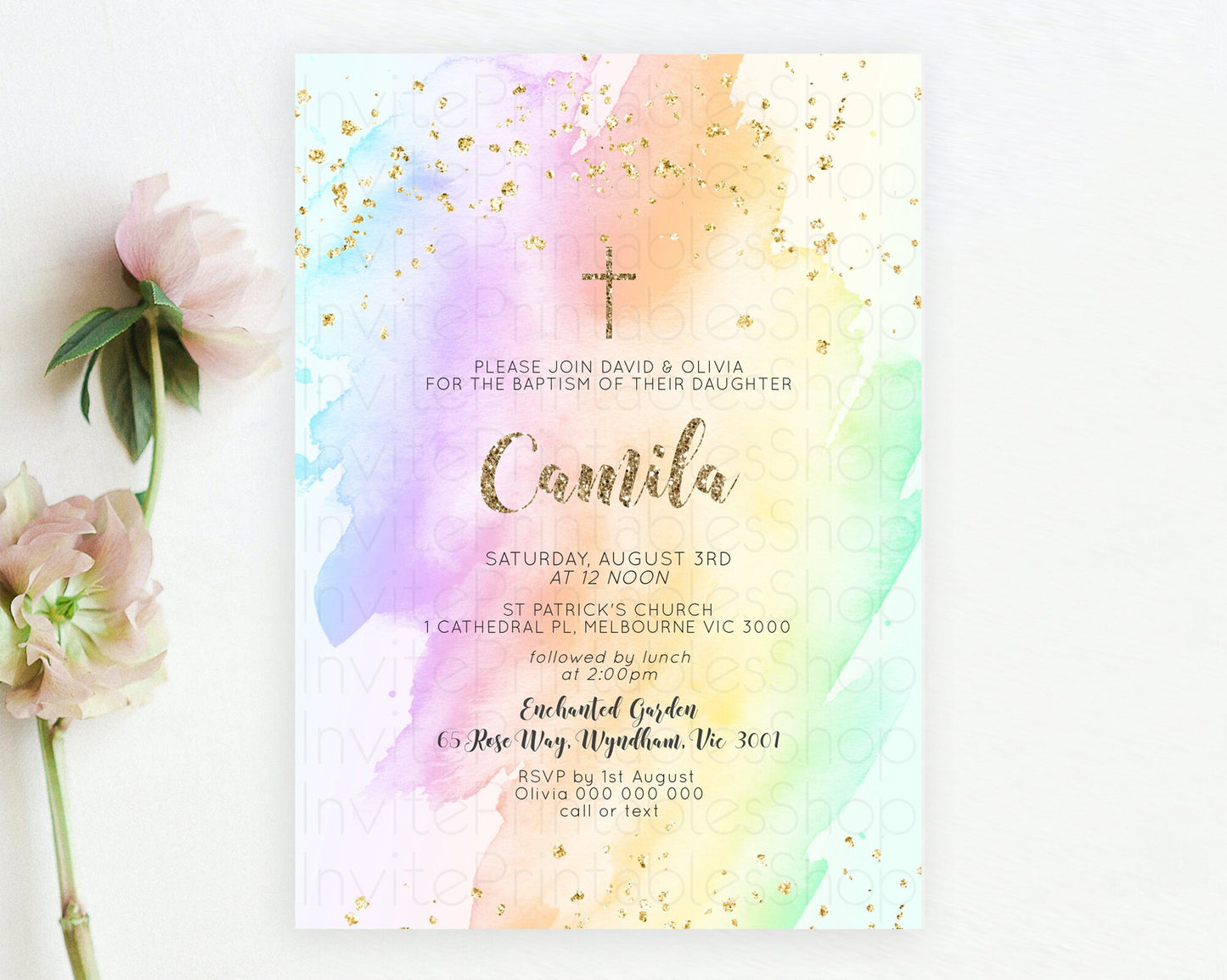 Pastel Baptism Invitation Pastel Colors Watercolor Baptism 1st Birthday Party Gold Ombre Pastel Rainbow Christening Holy Communion D10643