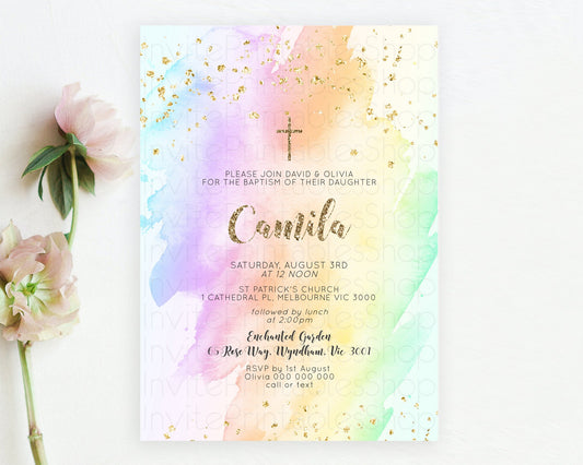 Pastel Baptism Invitation Pastel Colors Watercolor Baptism 1st Birthday Party Gold Ombre Pastel Rainbow Christening Holy Communion D10643