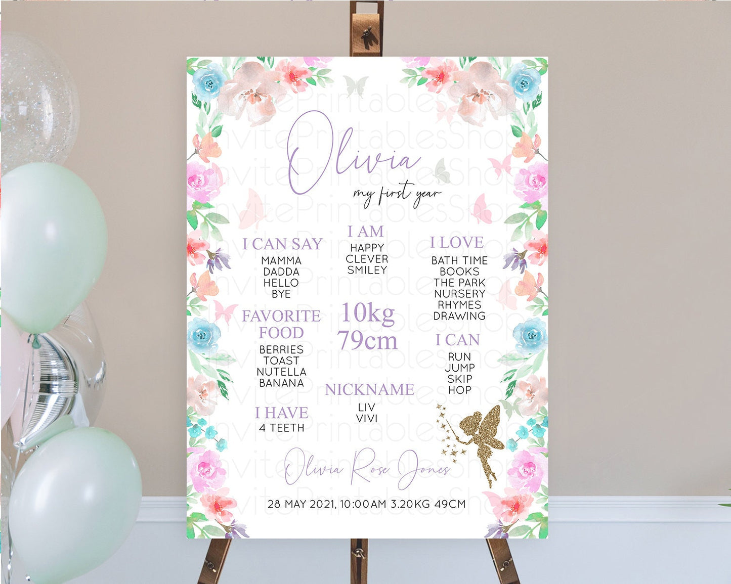 Fairy First Birthday Milestone Poster Fairy Secret Garden Milestone Board Enchanted Garden Pastel Floral Butterfly 1st Birthday Sign D10126