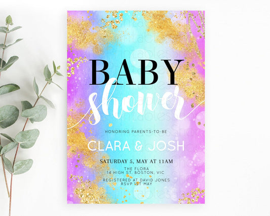 Pastel Baby Shower Invitation, Watercolor with Gold, Glitter Sprinkles, Bubbles Under The Sea Sand - Colorful Blue Purple Ombre Theme D10564