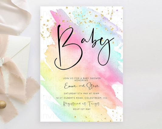 Pastel Baby Shower Invitation Rainbow Baby Shower Invitation Pastel Color Watercolor Invitation Pink Blue Yellow Gold Sprinkles Ombre D10495