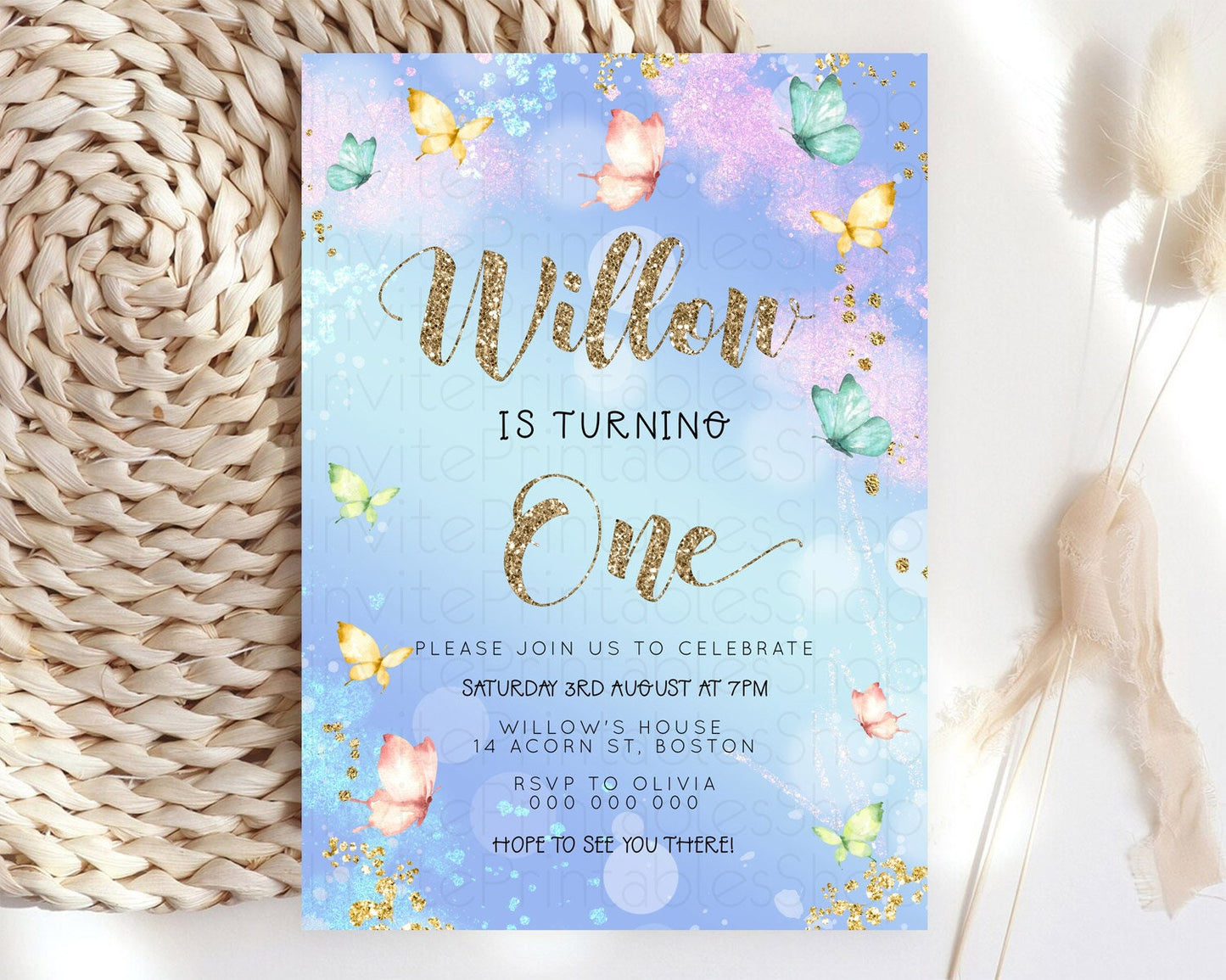 Pastel Butterfly Birthday Invitation Butterfly Birthday Invitation Colorful Splash Glitter Butterfly Garden 1st 2nd Birthday D23088