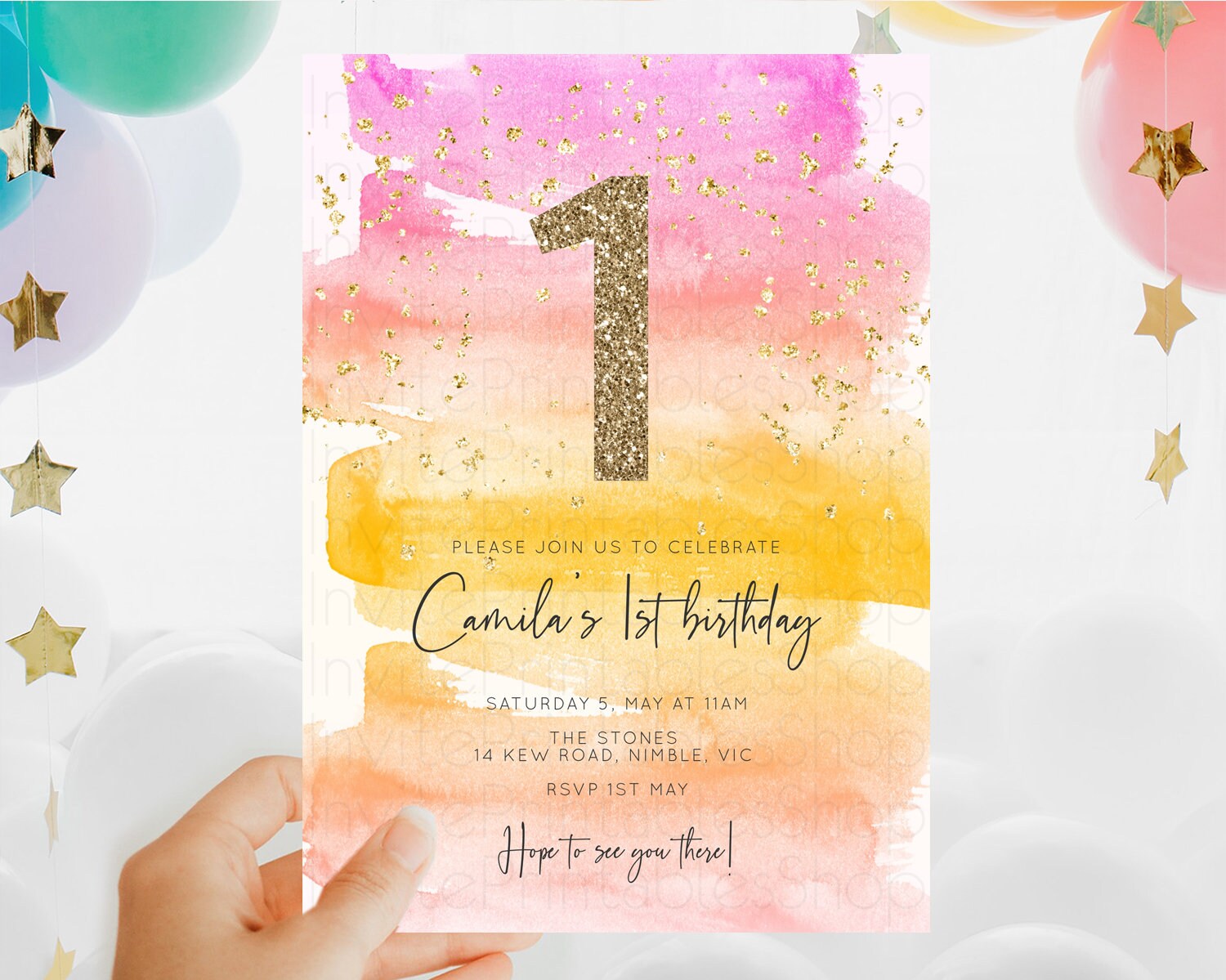 Editable Rainbow Birthday Invitation Colorful Pastel Watercolor Invitation G
