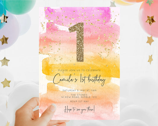 Editable Rainbow Birthday Invitation Colorful Pastel Watercolor Invitation G