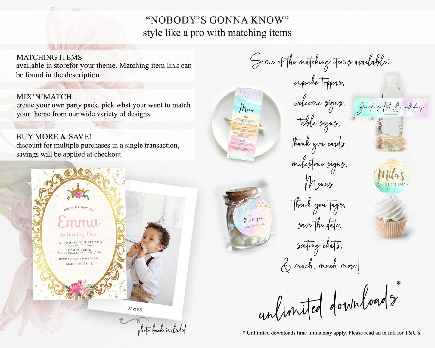 Princess Birthday Invitation Castle Invitation Royal Birthday Fairy Tale Enchanted Mirror Pastel Floral Garden 1st First Birthday D10140