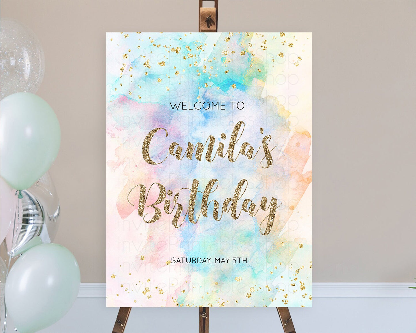 Pastel Welcome Sign Pastel Rainbow Welcome Sign Colorful Rainbow Confetti Watercolor Glitter Pastel First Birthday Welcome Sign D10261