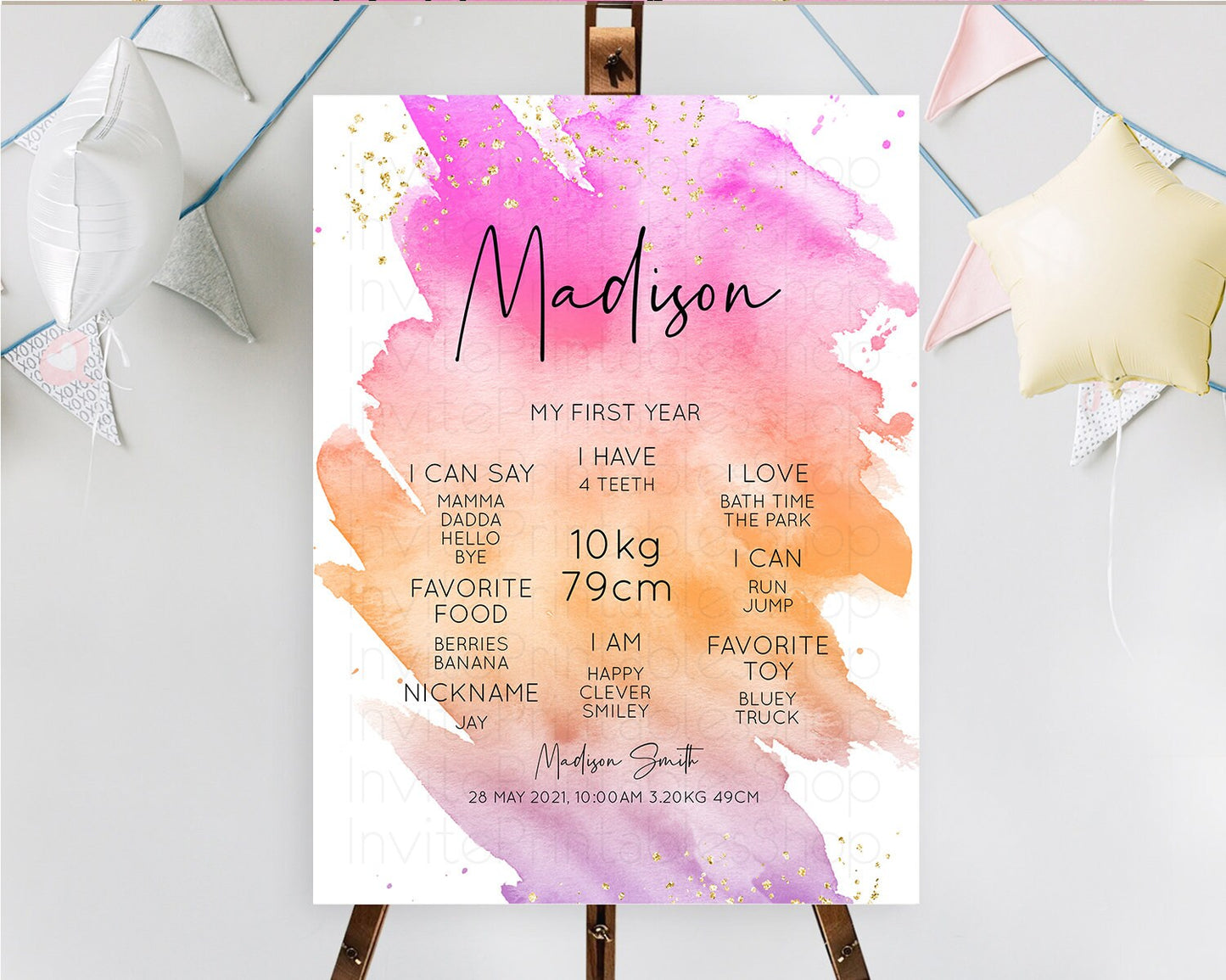 Pastel First Birthday Milestone Board Pastel Rainbow Milestone Poster Colorful Confetti Watercolor Glitter 1st Birthday Welcome Sign D10488