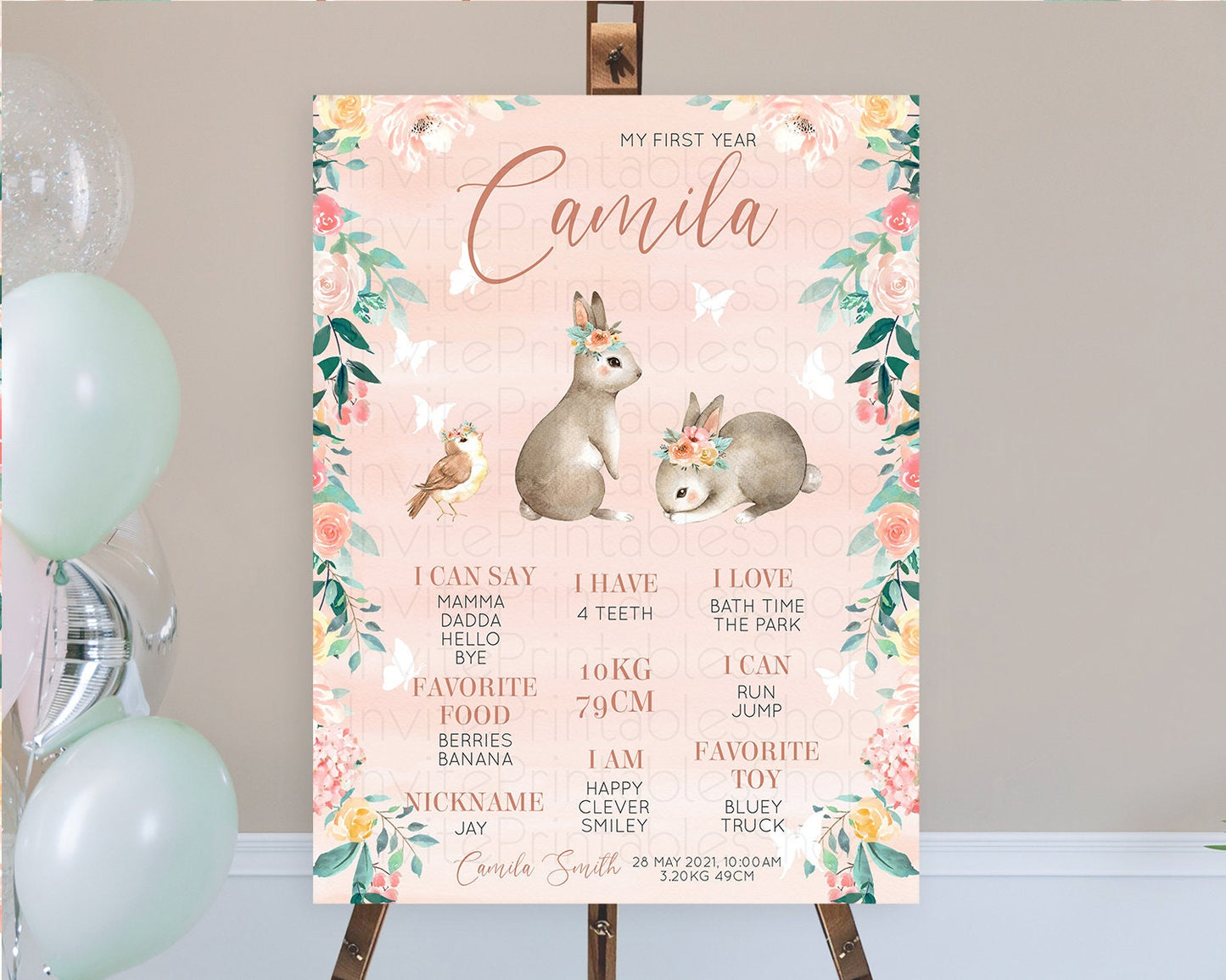 Bunny First Birthday Milestone Board Floral Bunny Milestone Poster Pastel Flowers Woodland Bunny Milestone 1st Birthday Welcome Sign D10922