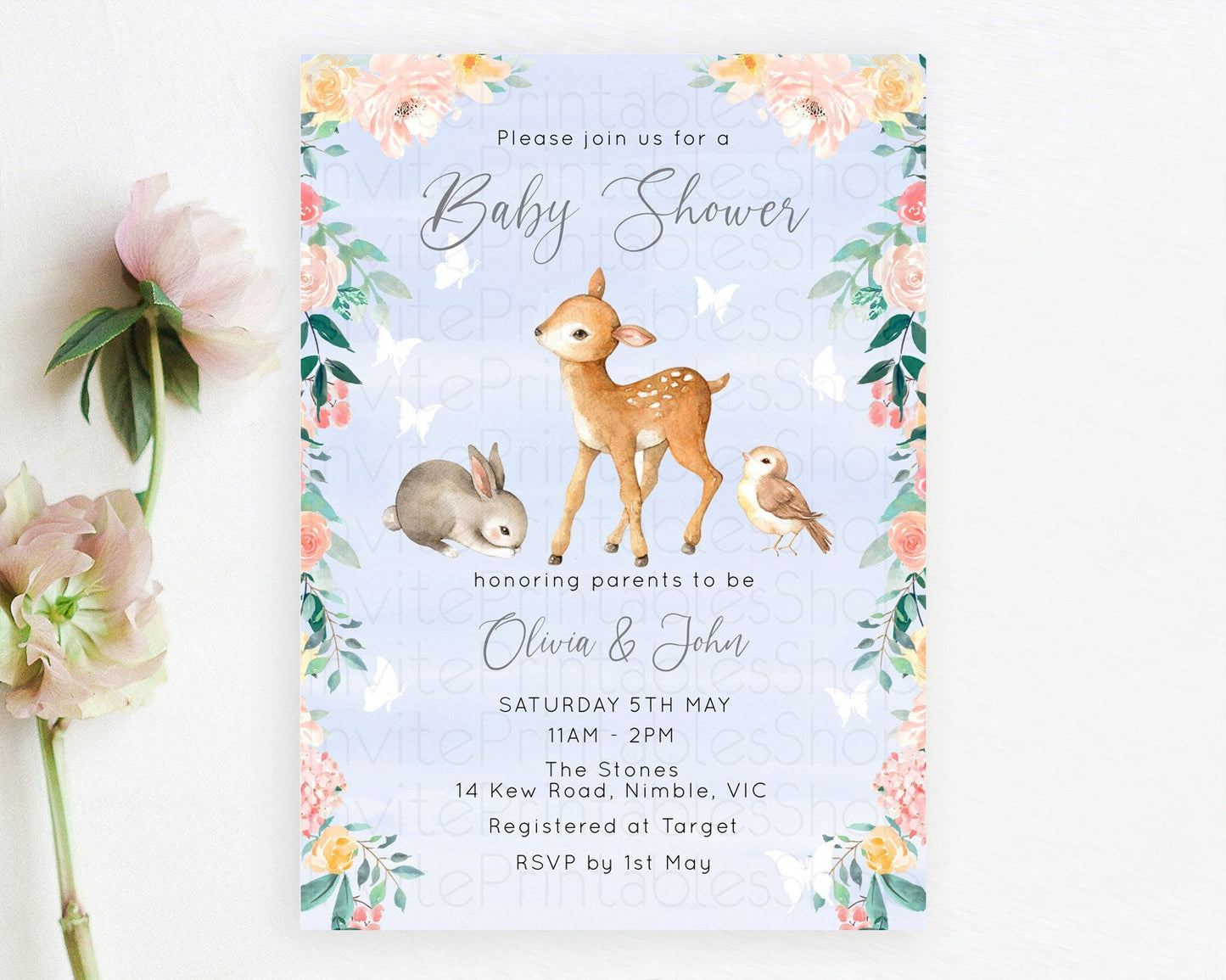 Deer Baby Shower Invitation, Whimsical Enchanted Forest Fawn and Butterflies, Soft Pastel Watercolor Blue,  Pink Green Floral Accents D10920