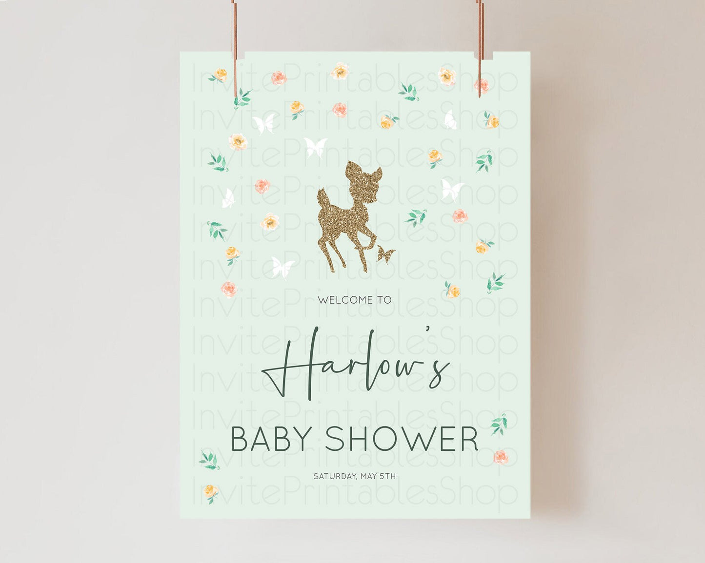 Fawn Baby Shower Welcome Sign Deer Welcome Board Floral Deer Welcome Poster Enchanted Forest Butterfly Pastel Floral Welcome Sign D10385