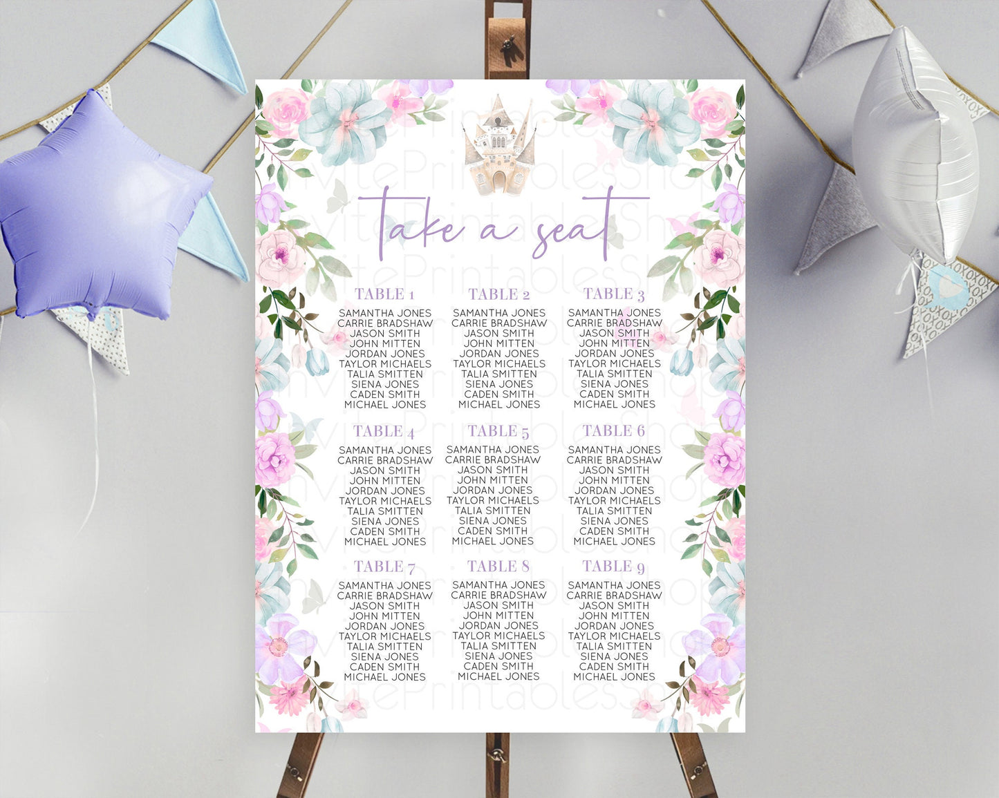 Princess Seating Chart Castle Seating Chart Royal Princess Décor Fairy Tale Enchanted Castle Pastel Floral Garden Table Number Sign D10471