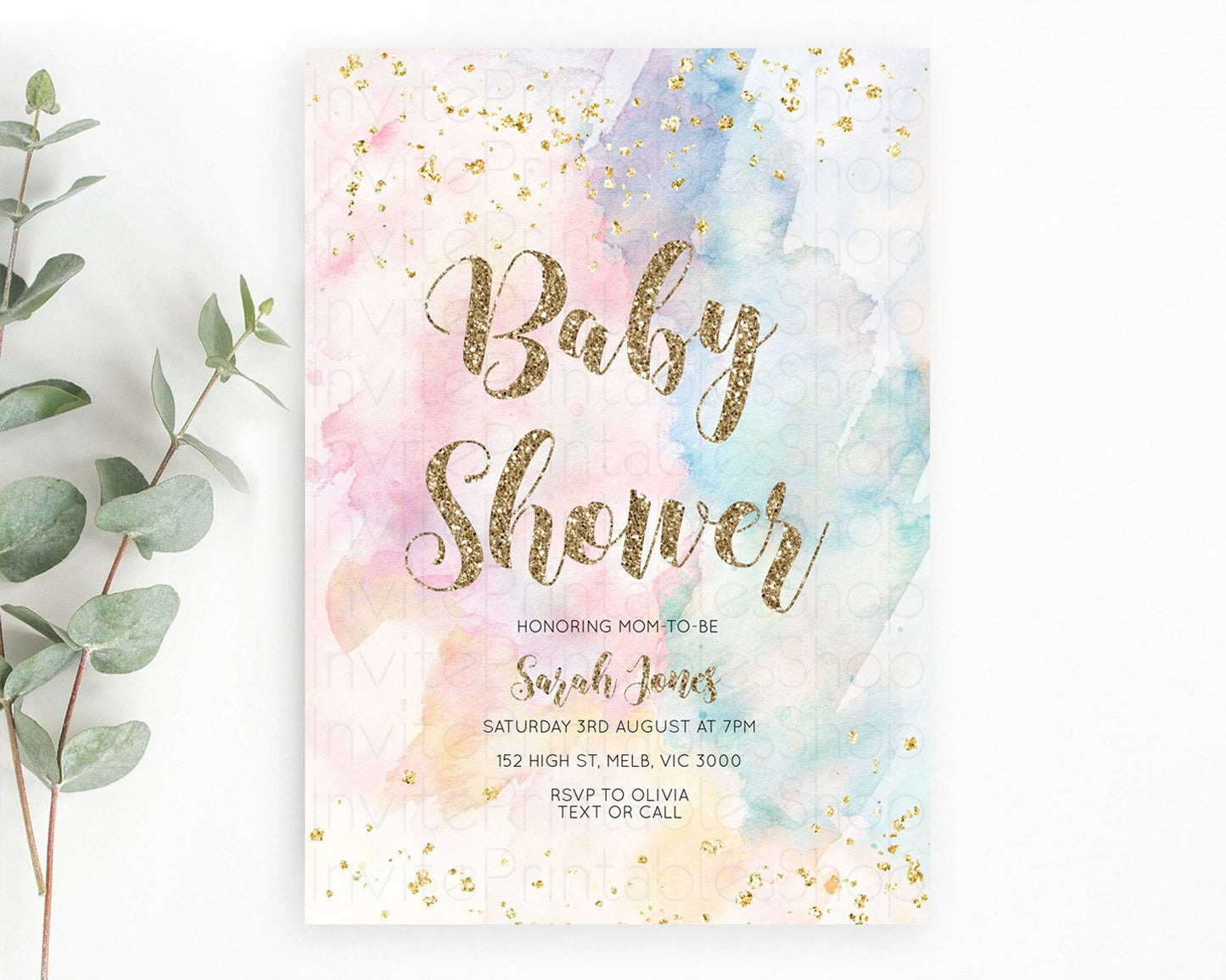 Rainbow Baby Shower Invitation Pastel Watercolor Invitation Colorful Splash Gold Splatter Glitter Foil Sprinkles Confetti Editable D10264