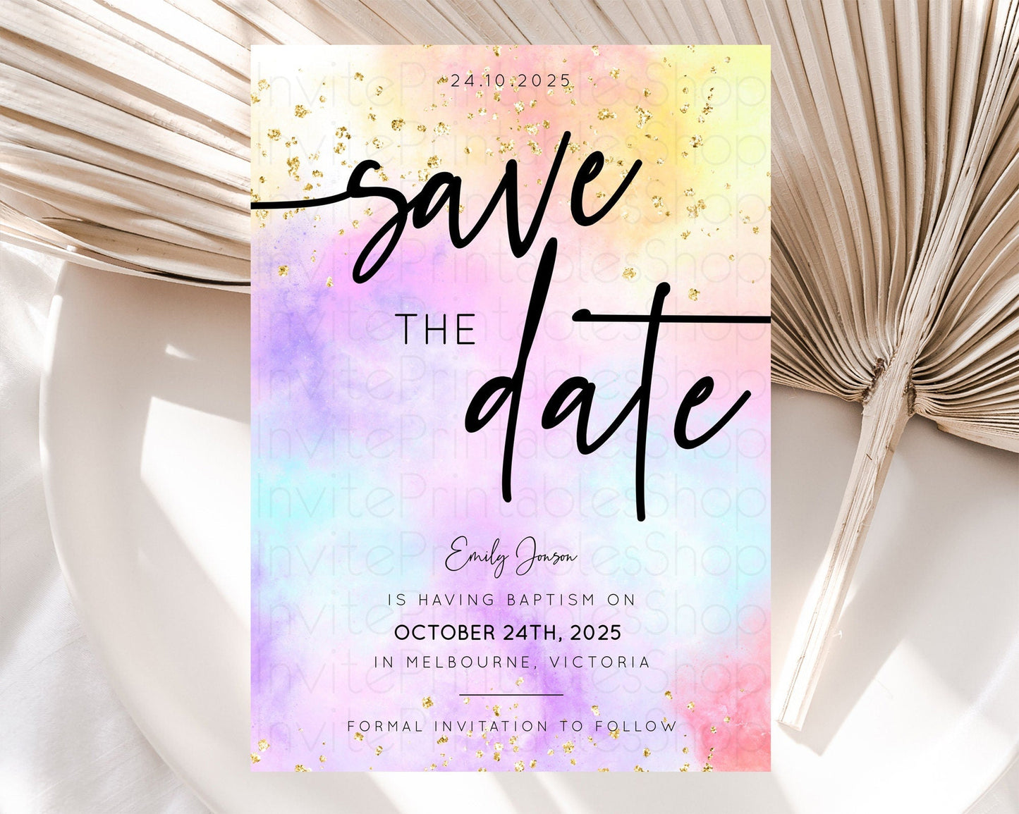 Pastel Save The Date Template Pastel Ombre Rainbow Watercolor Colorful Party For Birthday Baptism Baby Shower Wedding Bridal Shower D10437