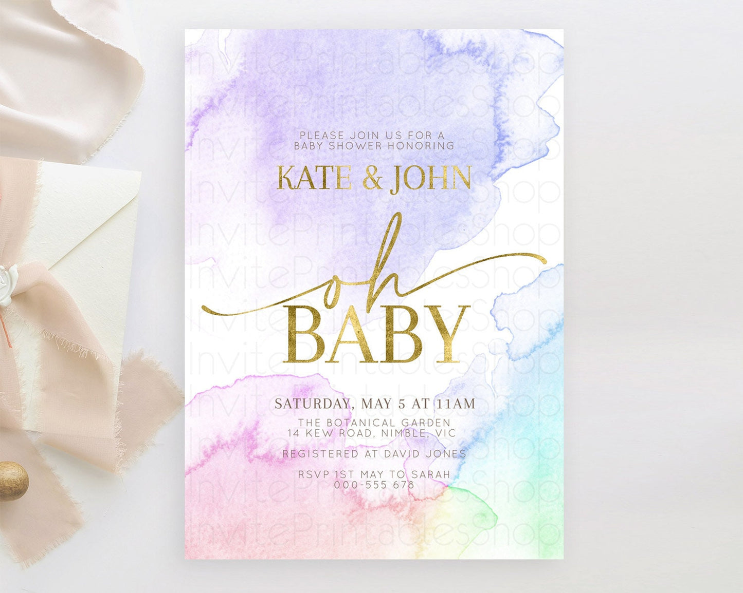 Pastel Baby Shower Invitation Rainbow Baby Shower Invitation Colorful Pastel Watercolor Invitation Gold Glitter Sprinkles Ombre D10215