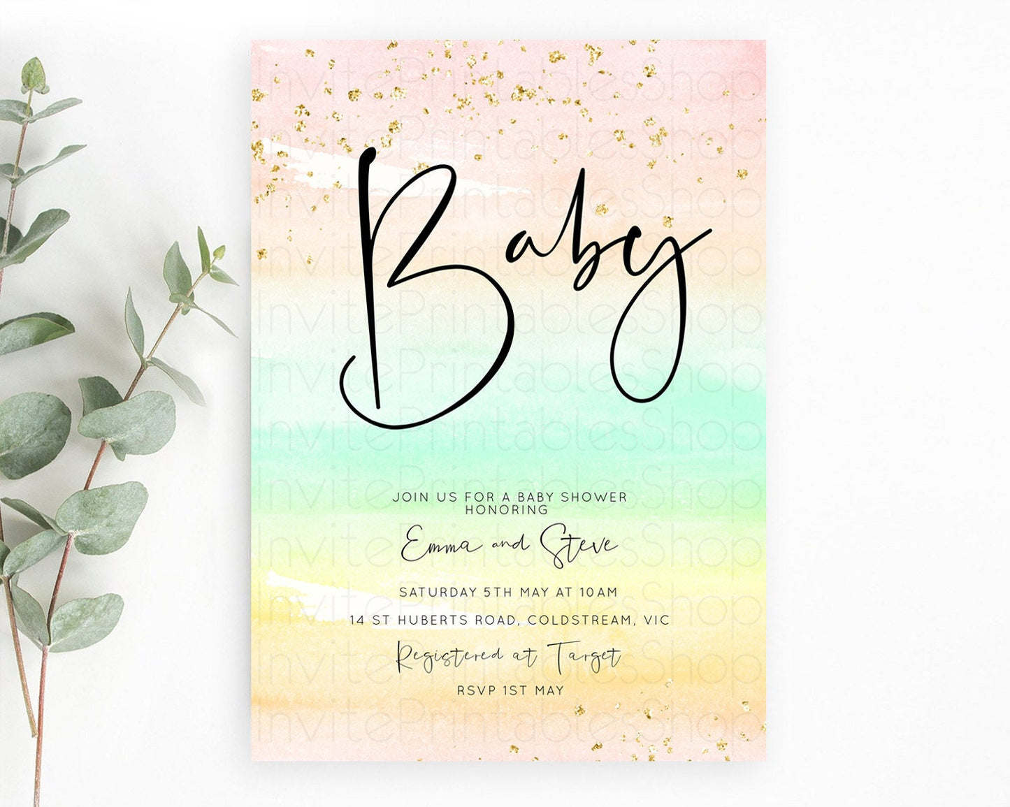 Pastel Baby Shower Invitation Rainbow Baby Shower Invitation Colorful Pastel Watercolor Invitation Gold Glitter Sprinkles Ombre D10591