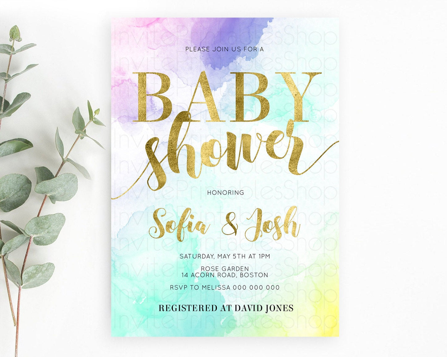 Pastel Baby Shower Invitation Rainbow Baby Shower Invitation Colorful Pastel Watercolor Invitation Gold Glitter Sprinkles Ombre D11024